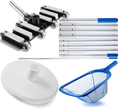 JaGely 4-teiliges Pool-Reinigungsset inklusive Schwimmbad-Vakuumkopf, 2,7 m, Aluminium, Teleskop-Schwimmbadstange, SP1106, Pool-Skimmer-Vakuumplatte, Pool-Skimmer-Netz für Innenpool
