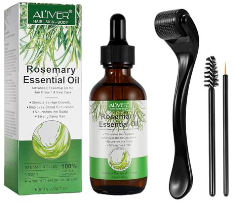 Rosmarinöl für Haarwachstum, +Dermaroller 0,5mm für Haarwachstum, Bartwuchs, Wimpernpflege und Hautpflege - Natürliches ätherisches Öl mit aromatischem Erlebnis -60ML