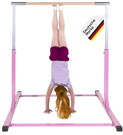 Müller & Blum Barre de Gymnastique de qualité supérieure pour Enfants, Appareil de Gymnastique réglable en Hauteur pour l'intérieur et l'extérieur, Barre de Gymnastique en Bois (Barre Rose)
