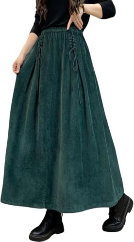 Intenst Womens Fall Winter Corduroy Maxi Skirt Elastic High Waist Drawstring Tie Front A-Line Pleated Long Skirt with Pockets (XL,Blackish Green)