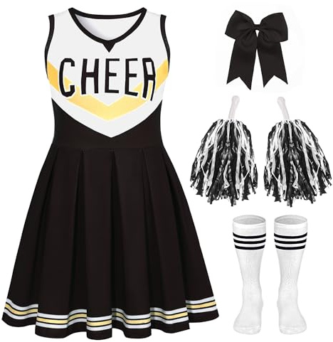 CIFITERY Toddler Cheerleader Costume Black Gold Cheer Uniform No Scary Cheerleading Outfit for Girls, Halloween Cheer Gifts
