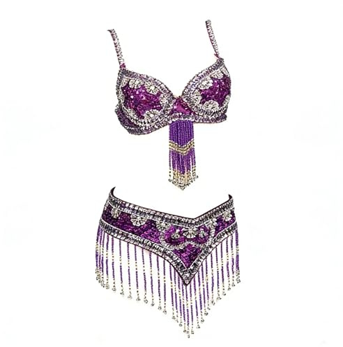 AMENGJ Costume da Danza del Ventre Costume da Ballo in Due Pezzi con Reggiseno e Cintura con Perline e Paillettes in Stile Orientale da Donna, Completo da Spettacolo(Color 7,S)