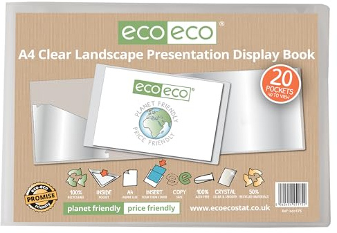 eco-eco A4 50% Recycled 20 Pocket Clear Landscape Presentation Display Book, Storage Case Portfolio Art Folder with Plastic Sleeves, eco175