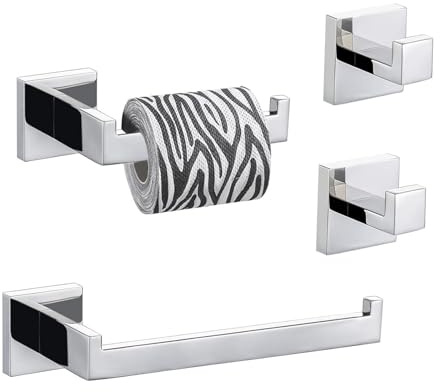 Eovem 4 Pieces Bathroom Accessory Set Square, Wall Mounted Towel Rail Towel Rack, Toilet Paper Holder, Towel Hooks, Stainless Steel Bathroom Hardware Set Polished Chrome