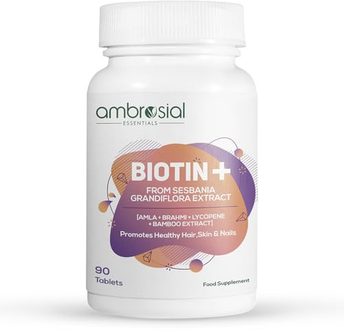 Ambrosial Biotin+ Supplement with Amla, Bamboo Extract, Brahmi & Lycopene | Plant-Based Biotin Capsules for Hair, Skin & Nails | 90 Tablets