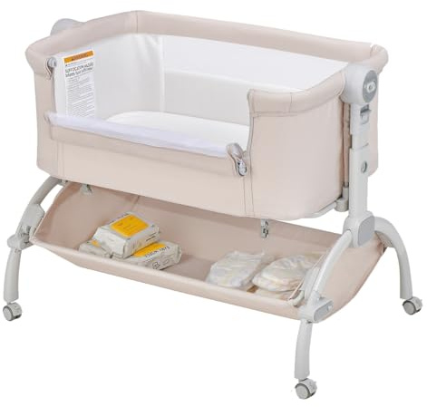 GOPLUS Cuna de Colecho para Recién Nacido, 0-6 Meses, Cama para Bebés con Colchón y Mosquitera, Altura Ajustable, Cuna Lateral Portátil con Ruedas y Bolsa de Transporte, Doble Cierre (Beige)