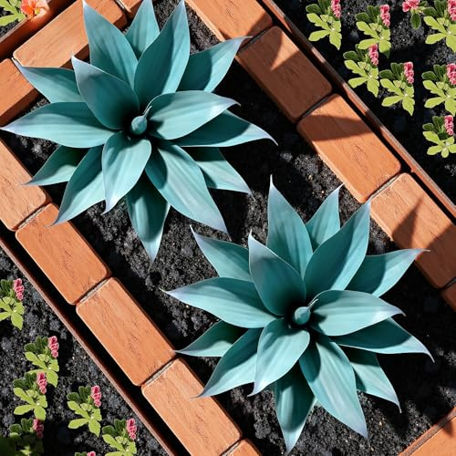 Ttranewsoo Fake Plants Artificial Agave Plants 13.8 Large UV Resistant Fake Agave Planters for Indoor and Outdoor Decorating Tropical Plant Succulents Greenery Indoor Decor (Blue) 2Pack