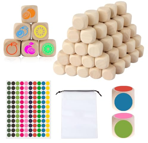 80 Pièces Dés Vierges en Bois, DIY 20mm Dés de 6 Faces Bois Cubes Non Peints avec Sac de Cordon et Autocollant de Point, pour Bricolage, Loisirs Créatifs Puzzles Et Numéros