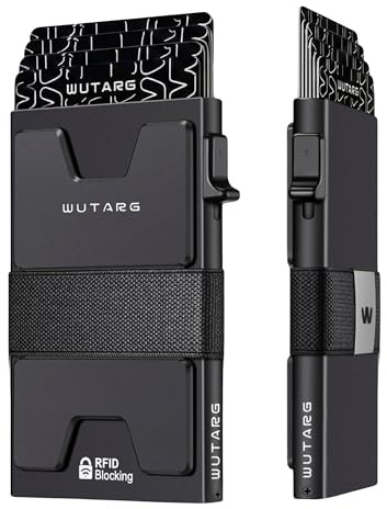 Tarjetero Hombre RFID - cartera minimalista metálica NFC con botón lateral, portatarjetas slim aluminio 6061, banda elástica para billetes, bloqueo antirrobo - 6 ranuras, 12 tarjetas (Carbon Matte)