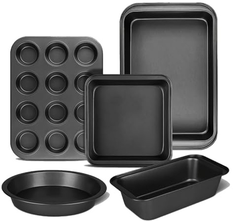 5 Stück Küche Antihaft-Backform Set 5-Teiliges Backformen Antihaft-Set,mit Runder/Eckiger Kuchenform,Muffinform,Brotform,Backform und Backblech,Langlebiges und Kratzfestes