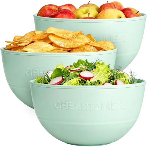 Greentainer Large Plastic Bowl Sets, 4L Heat-Proof Bowls Reusable Serving Mixing Bowls for Snacks, Fruit, Baking, Cooking, Salad & Food Prep, Microwave & Dishwasher Safe, 3 Pack (Green)
