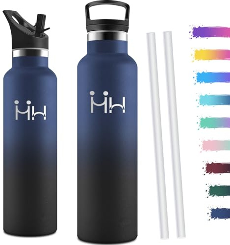 Motswedi Gourde Isotherme 1l, avec Paille, Bouteille Isotherme, Anti-Fuite, Thermos, Poignée de Transport, Gourde Inox, Réutilisable, Thermos 1l pour Voyage, Camping, Sport, Gym, Bleu Foncé & Noir