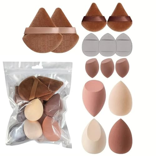 ARYIMYDP Set de 14 esponjas de maquillaje multifuncionales, que incluyen una borla triangular, una borla pequeña, una esponja de maquillaje y una mini esponja de maquillaje marrón.