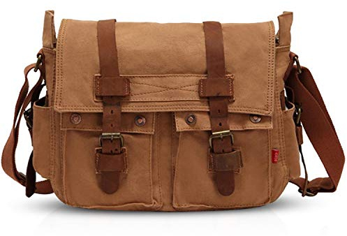 FANDARE Unisex Umhängetasche Schultertasche Segeltuch Laptoprucksäcke für 14 Zoll Laptop Kuriertasche Herren Damen Crossbody Messenger Bag für Reise Schule Hochschule Arbeit Outdoor Hellbraun1