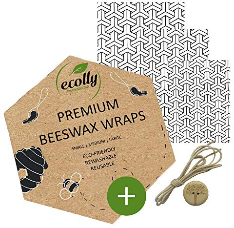 ecolly Premium Beeswax Wraps - Set of 3 (S, M, L), Beeswax Wipes, Beeswax Paper, Free of plastic & reusable, without jojoba oil, incl. wooden button & cotton thread - Shoji Kumiko