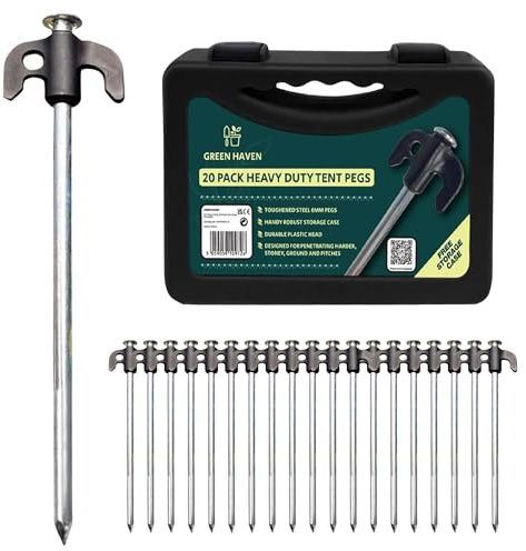 Green Haven 20 Pack Heavy Duty Tent Pegs - Durable Galvanised Steel Ground Stakes Rust-Resistant Tent Pegs Metal Heavy Duty for Camping, Gazebos, Hiking & Outdoor