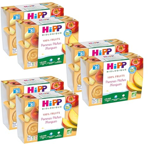 HiPP - 100% Fruits - Pommes Pêches Mangues - Coupelles 4 x 100 g - Lot de 6- BIOLOGIQUE