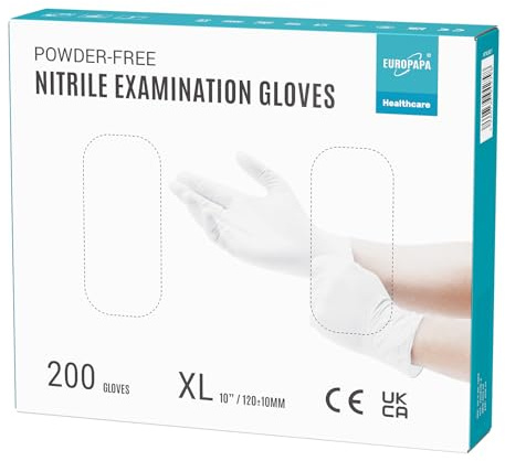 EUROPAPA® 200 guanti usa e getta in nitrile senza polvere EN455 EN374, guanti monouso senza lattice, taglie S, M, L & XL disponibili (XL, Bianco)