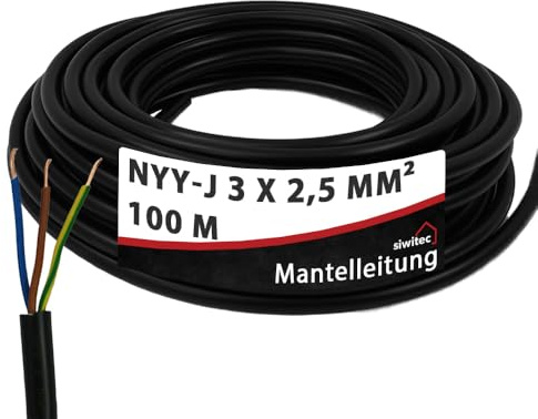 siwitec NYY-Kabel, NYY-J 3x2,5 mm², 100 m, Erdkabel, Installationskabel, Erdleitung, Kabelring - Made in Germany