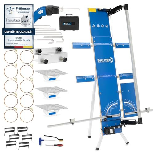 BAUTEC Styroporschneider GAZELLE 6 + STYROCUTTER 250W (Dauerbetrieb) » Profi-Set inkl. 10 Schneidedrähte, Gerüsthalterung, Schleifraspel, 6 Styrogrips, Klingenset für Handschneider