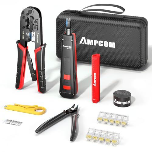 AMPCOM Kit d'outils de sertissage Ethernet 7 en 1 RJ45/RJ11 Kit d'outils réseau pour connecteurs RJ45 Cat6/Cat5e/Cat5 avec outil de poinçonnage 110, dénudeur de fil dans un sac étanche portable