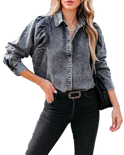 VIVICOLOR Dam puffärm jeansskjorta dam tvättad knäppt denim skjorta streetwear denim topp blus