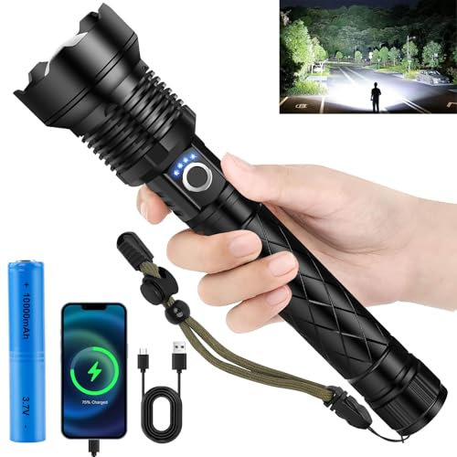 SIDARK Taschenlampe LED Aufladbar, 5000 Lumen LED Taschenlampe Extrem Hell, 5 Modi Taktische Taschenlampen Batteriebetrieben Zoombar & IPX7 Wasserdicht, Starke LED Taschenlampe für Camping Notfäll