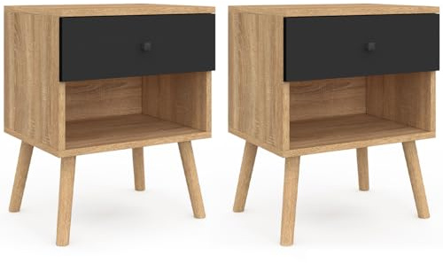 IDMarket - Lot de 2 Tables de Chevet Emmie scandinaves 1 tiroir avec Niche hêtre et Noir