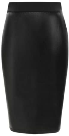 Womens Faux Leather Ladies Elastic Waistband Bodycon Stretch Wet Look Pencil Fitted Tube Black Midi Skirt Size