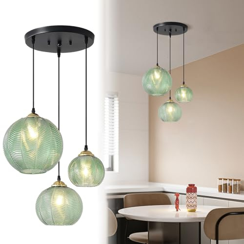 KOSHSH Hängelampe Pendelleuchte 3 Flammig,Hängelampe Esstisch mit Grün Glas,E27 Modern HöHenverstellbar Pendellampe,für Wohnzimmer Küche Schlafzimmer Flur (3 Light)