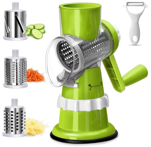 Eukue Gemüsehobel 3-in-1, Mandoline Gemüseschneider Edelstahl, Käsereibe mit Kurbel und 3 Edelstahl Wechselklingen, Manueller Trommelreibe Gemüseschneider Küche Reibe für Salat, Nüsse, Obst, Pizza