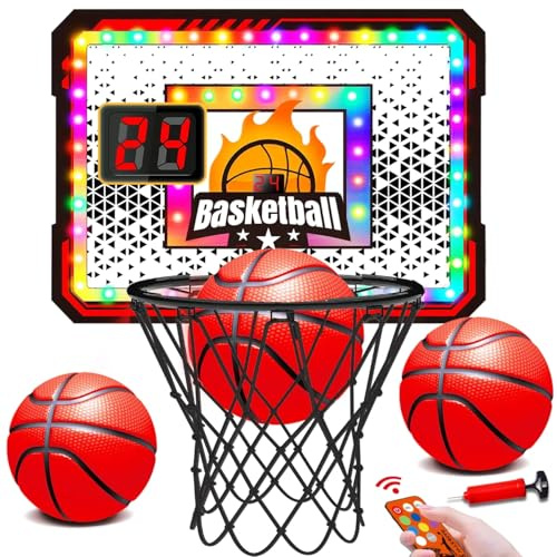 VATOS Panier de Basket avec Scoreboard et LED - Panier sur Porte Éclairé pour Enfants avec Télécommande, 6 Couleurs & 3 Balles - Idée Cadeau pour Garçons et Filles 5-12 Ans