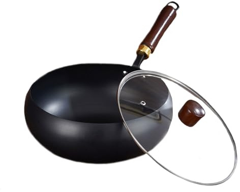 ZFFSCD Padella per Friggere, Padella Giapponese in Ferro, Padella in Ferro Non Rivestita per Cucinare, Cuocere al Forno, Friggere(Size:30cm,Color:Glossy Big Belly Pot + Glass Cover)