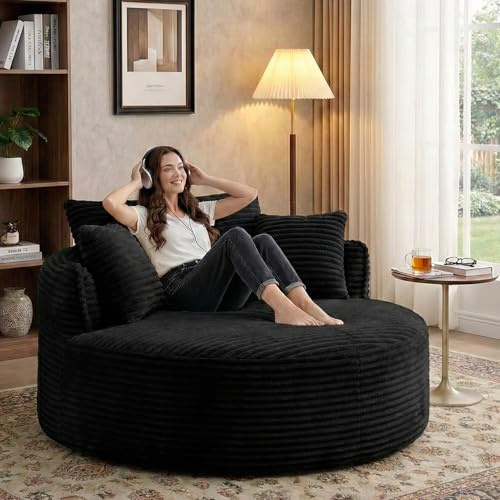 GUANGHONG 54-inch Oversized Round Chaise Longue Chair Indoor, Modern Upholstered Corduroy Deep Seat Circle Chair Single Cloud Lounge Floor Sofa Chair for Living Room, Bedroom, Apartment, Black