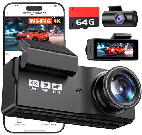4K+4K Dual Channel Car Dash Camera, Wi-Fi6 Dashcam with 64GB SD Card | Night Vision, G-Sensor, 24H Parking Mode, Loop Recording, APP Control, Max 256GB
