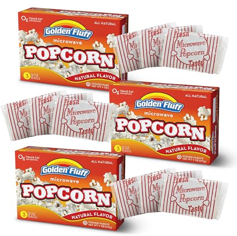 Golden Fluff Microwave Popcorn, Natural Flavour - Pack of 3 x 3 Bags Each (9 Popcorn Bags) (85g) Kosher Pareve, Gluten Free Snacks - All Natural & Easy-to-Prepare Snack