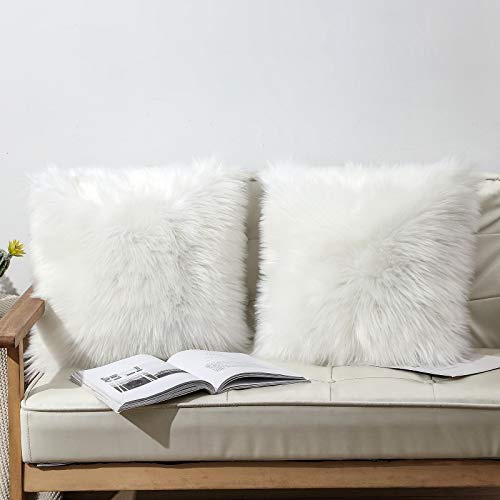 OYIMUA 2Pcs Fundas de Almohada Decorativa Fundas de Almohada de Piel sintética Suave, Pelo Largo Almohada de imitación, sofá Cuddly Cojín de (Blanco, 50 x 50 cm)