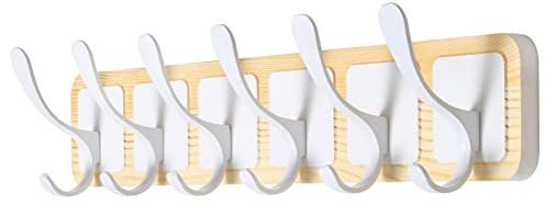 SKOLOO Perchero de pared de madera estilo Scandi, perchero con 6 ganchos para colgar abrigos, sombreros, ropa, bufandas, perchero de madera, natural y blanco