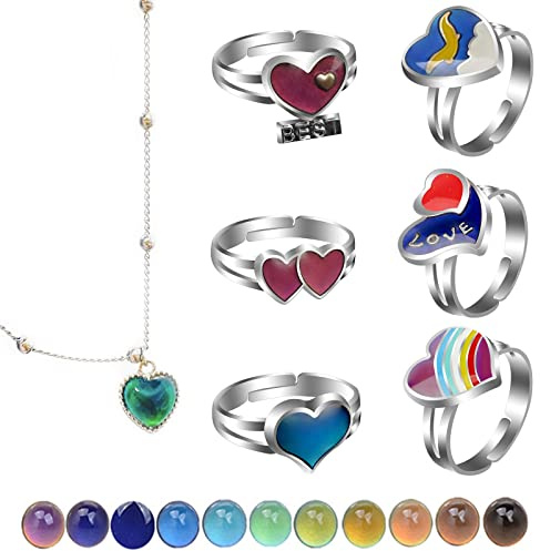Eterspr 6 Pièces Bagues D'humeur à Changement de Couleur + 1 Collier à Changement de Couleur, Bagues D'humeur Réglables, pour Cadeau, Décorer