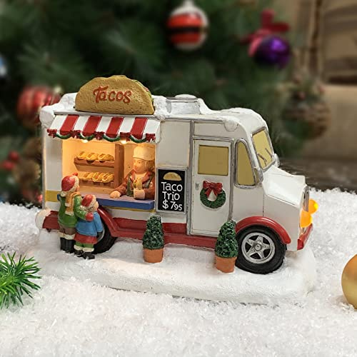 MOMENTS IN TIME Christmas Village Taco Truck LED Lighted Food Vendor Scene, Battery Operated Holiday Décor, Hand-Painted Polyresin Street Vendor Building for Christmas Village Display