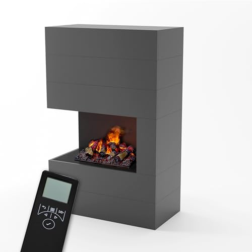 GLOW FIRE Wasserdampf Kamin TUCHOLSKY Links (Standkamin) - Elektrokamin mit realistischen LED 3D-Flammen, Knistereffekt & Fernbedienung, 90x140 cm - Opti-Myst 500 Elektro Kamin mit Holz-Deko, Grau
