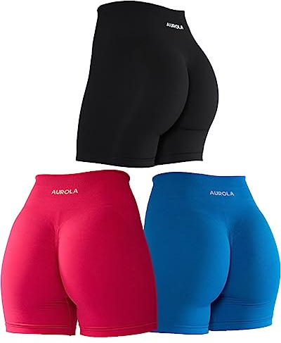 AUROLA Workout Shorts Women Pantalones Cortos de Yoga, Paquete (Negro/Rosa/Azul Diva), M para Mujer