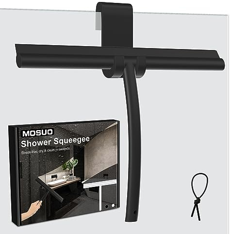 MOSUO Rasqueta Limpiacristales para Ducha, Limpia Mamparas Ducha Cristal Silicona con Gancho, Rasqueta Núcleo Acero INOX para Baño, Cristal, Puerta de Ducha, Espejo Rasurador de Ventana (Negro 28CM)