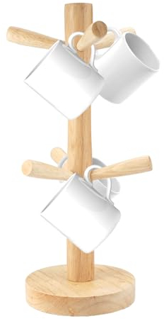 Porte-Tasses en Bois, Porte Tasse à Café avec 6 Crochets, Arbre de Tasse de Café Amovible, Support à Bretzel, Bois en Caoutchouc Naturel, Pas de Moisissure, pour Comptoir de Cuisine Tabletop