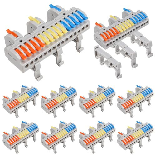 AITRIP 10pcs DIN Rail Terminal Blocks, DIY Splicing Wire Connectors for Circuit Inline 28-12AWG for Electrical Wires (3 in 15 Out)