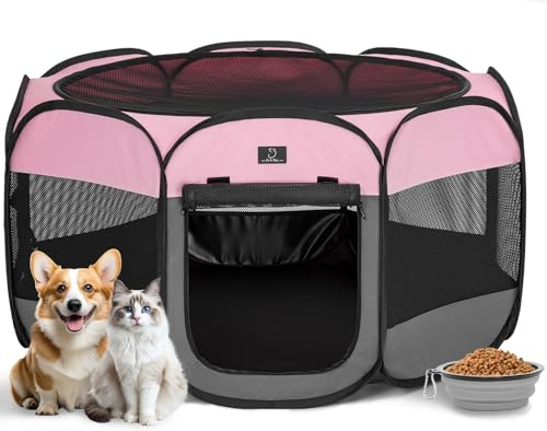 Portable Indoor Dog Playpen for Small Dogs & Puppies by A 4 Pet – 40.55 Pop-Up Soft Puppy Playpens with Bowl, Waterproof Floor, Calm Safe Space for Home, Travel & Daily Use