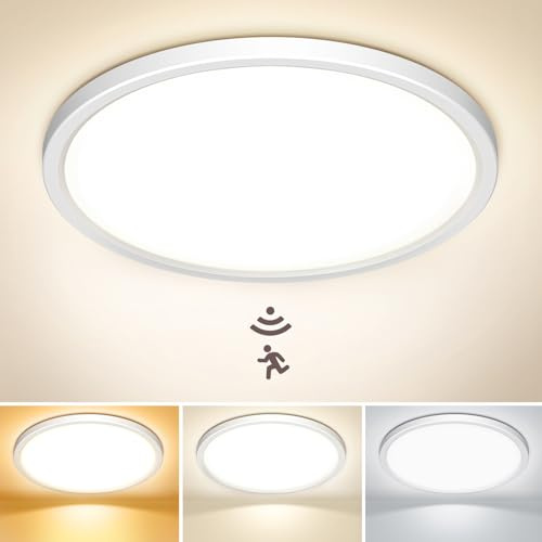 NIBSHOOM Plafón LED Techo con Sensor de Movimiento, 3000K/4000K/6500K 24W IP44 Impermeable Lampara Techo, Lampara Luz LED Techo Balcón Cochera Pasillo Sótano Sala, Ø30cm