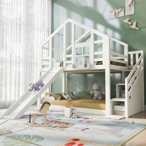 Aoskem Kinderbett Etagenbett 90x200 cm für 2 Kinder, Baumhaus Hochbett Hausbett mit Stauraum Treppe & Rutsche, Holzbett Bettgestell mit Rausfallschutz und Lattenrost, Jugendbett, Ohne Matratze, Weiß