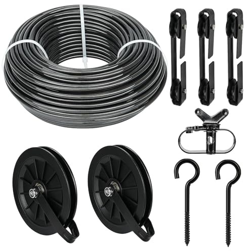 fshihine Outdoor Clothesline Kit, 150ft Black PVC Coated Galvanized Clothes Line Pulley Kit with 6.3 Clothesline Pulley, M8 Metal Hooks, 3Pcs Separator, Outdoor Clothes Line Heavy Duty