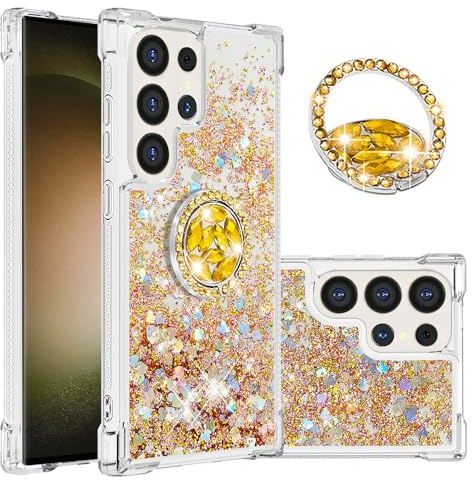 IMIRST telefonfodral kompatibelt med Samsung S25 Ultra (6,7 tum) bling flytande glitter diamantring skal stötsäker airbag skyddande fodral för Samsung Galaxy S25 Ultra. YBK kärlek guld